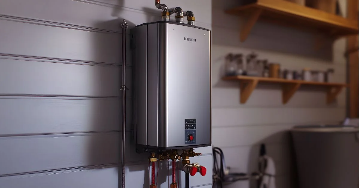 Wall-mounted tankless water heater with connected plumbing.