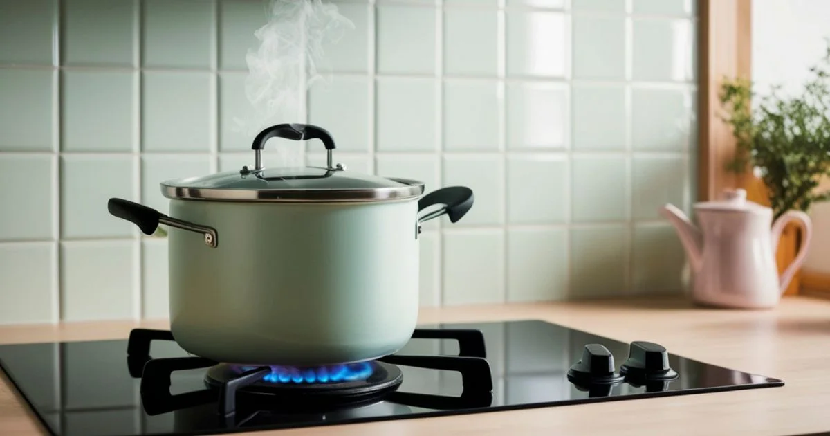 Steaming pot cooking on gas stove burner