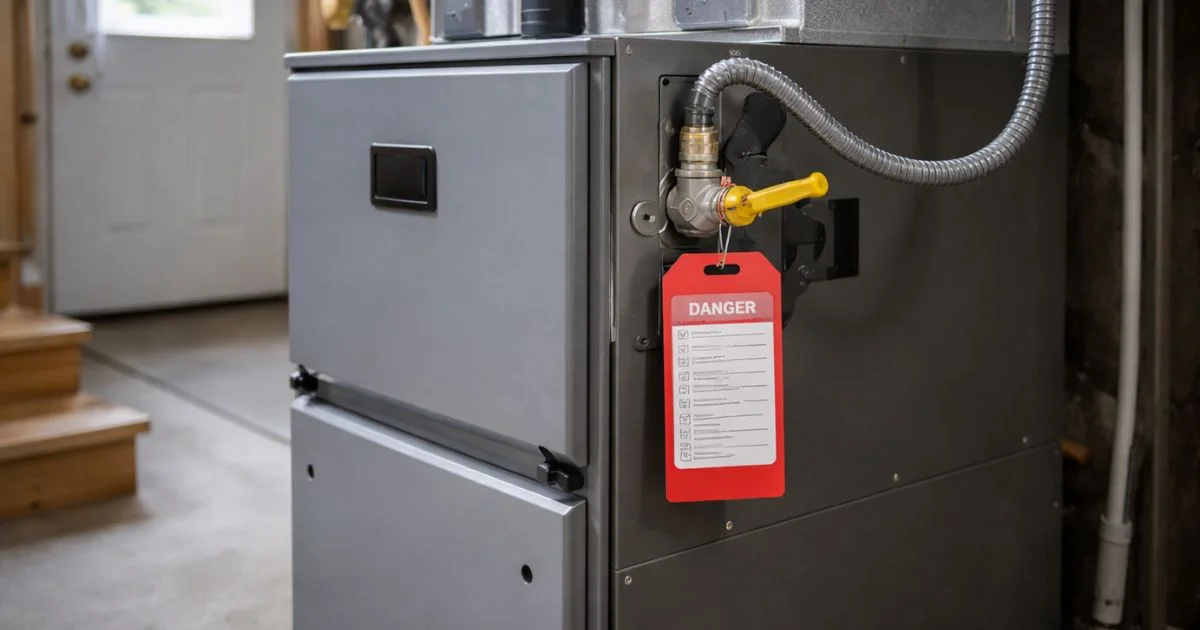 Red-tagged furnace with gas shutoff valve turned off.