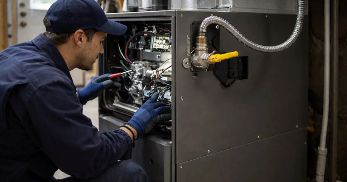 Technician inspecting furnace components during residential HVAC repair.
