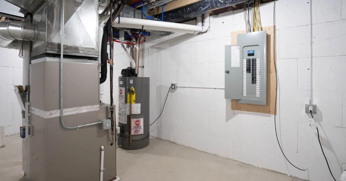 Residential mechanical room with furnace, water heater, and electrical panel