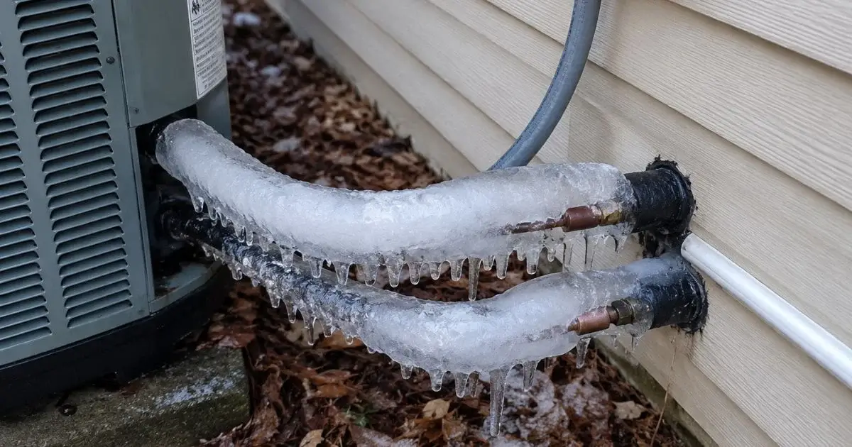 Frozen air conditioner refrigerant lines covered in ice buildup
