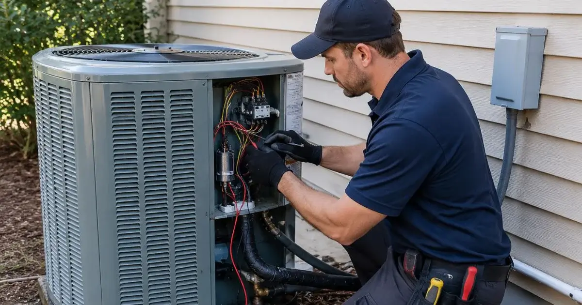 HVAC technician performing outdoor air conditioner maintenance