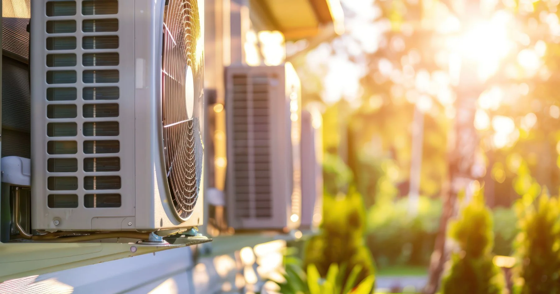 Residential outdoor air conditioning units in sunlight