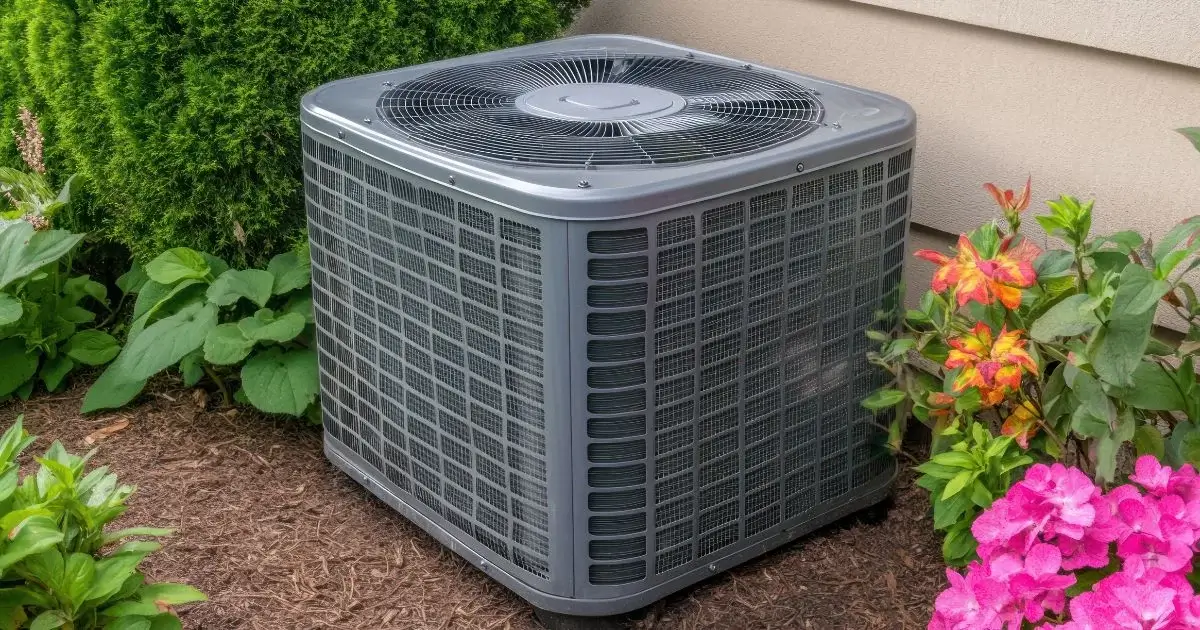 Outdoor central air conditioning unit beside residential home